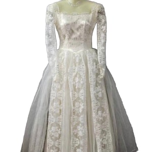 1950s Wedding Gown Bridal Dress, Long Lace Sleeves Princess Basque Waist Layers Of Tulle And Lace Illusion At Neck Covered Buttons Beautiful image 1