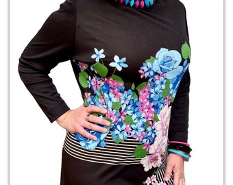 Vestido floral ondulado de los años 70 de Orsini: manga larga hasta la rodilla