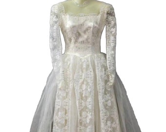 1950s Wedding Gown Bridal Dress, Long Lace Sleeves Princess Basque Waist Layers Of Tulle And Lace Illusion At Neck Covered Buttons Beautiful