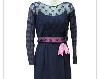 1960's Black Wiggle Dress by Another Ann Barry Jr. Black Lace Overlay with Sweet Pink Accent Bow Long Lace Sleeves Fitted and Sexy! Size S