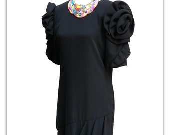 1980s Dramatic Gothcore Black Dress with Fabulous Rosette Sleeves - Retro Style, Pleated Accent, Vintage Evening Wear, Unique Statement