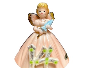 14 Year Old Angel Birthday Girl Figure by Josef Original Figurine 1960s Blonde with Peach Dress and Blue Umbrella with Japan Sticker