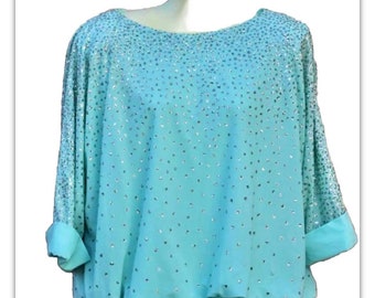 Turquoise Sparkle Shirt By Gigi's Closette, Glenview 1980's Bat Wing Sleeves Shoulder Pads Disco Loose Comfortable Glitter Sparkles Size L