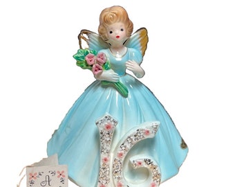 16 Year Old Angel Birthday Girl Figure by Josef Original Figurine 1960s Blonde with Blue Dress  - Sticker and Hang Tag