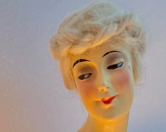 Munzerlite Half Doll Headboard Lamp, Composite Head, Mohair Braid 1920's With Updated Lighting, Dramatic Antique Beautiful Lady
