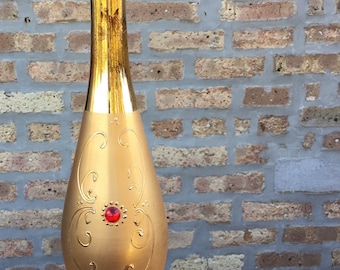 Flores Bavaria Gold Vase with Red Faux Gems - Stunning 1950&#39;s Genie Style - Unique Tall Glass Scroll - Dramatic Set Ruby Look