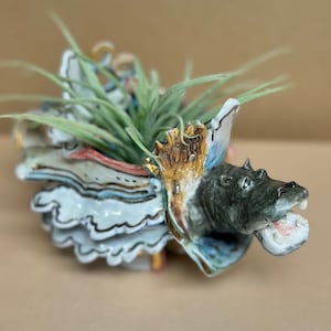 Ceramic Hippo Sculpture Whimsical Unique Handmade, This IS Your House Hippo, Signed Art Piece Ideal Gift for Hippo Lovers