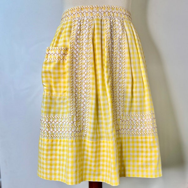 Handmade Vintage Yellow Gingham Apron with Embroidered White Rick Rack Trim - Sweet Summer Accessory
