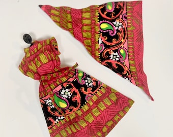 1970s Barbie Dress with Head Scarf or Shoulder Wrap - Hand Made and Groovy - Play or Display - Fun Bright Colors!