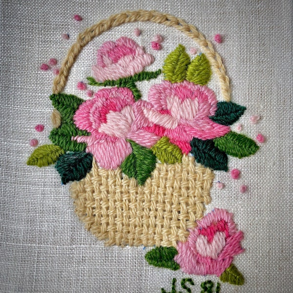 Hallmark Needlepoint Kit Wicker Basket with Pink Flowers 1981 Signed by JS, Ready To Be Framed Vertical Hand Made Stitching