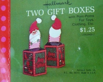 Vintage Hallmark Santa Pop Up Gift Boxes, Adorable 1960s Mod Design with Pink and Green, Pompoms! 2 Boxes, New in Package for Unique Gifting