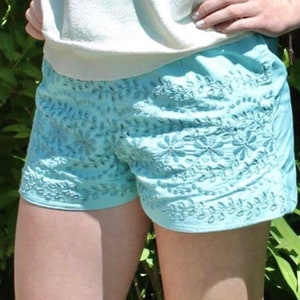 May include: A pair of light blue embroidered shorts with a floral pattern. The shorts are made of a lightweight fabric and have a relaxed fit.