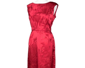 Red Wiggle Dress in Satin, Asian Design Cap Sleeve Handmade 1960's Nicely Made Pleats Back Zipper Fitted Oriental Designs In Fabric - Cherry