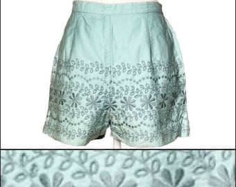 Turquoise Eyelet Vintage 1960's High Waisted Shorts with Flattering Back Metal Zipper - Summer Ready Gams in Sexy Dressy Shorts, Adorable!