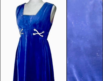 1960s Sleeveless Velvet Sapphire Blue Mini Dress, Rhinestone and Silver Accents by Mister D, Made in Canada, Fabulous Unique Mini Statement