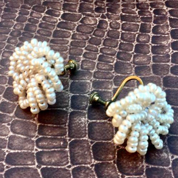 1950s Vintage Pearl Glass Seed Bead Earrings, Bea… - image 7