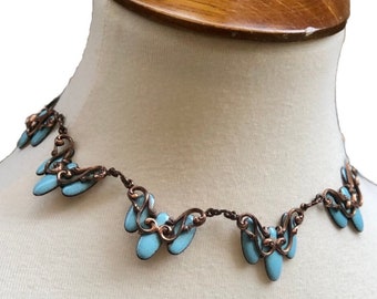 Matisse Copper and Turquoise Enameled "Waltz" Choker Necklace 1960's Signed 15" Statement Piece Wedding Special Occasion Present Gift Unique