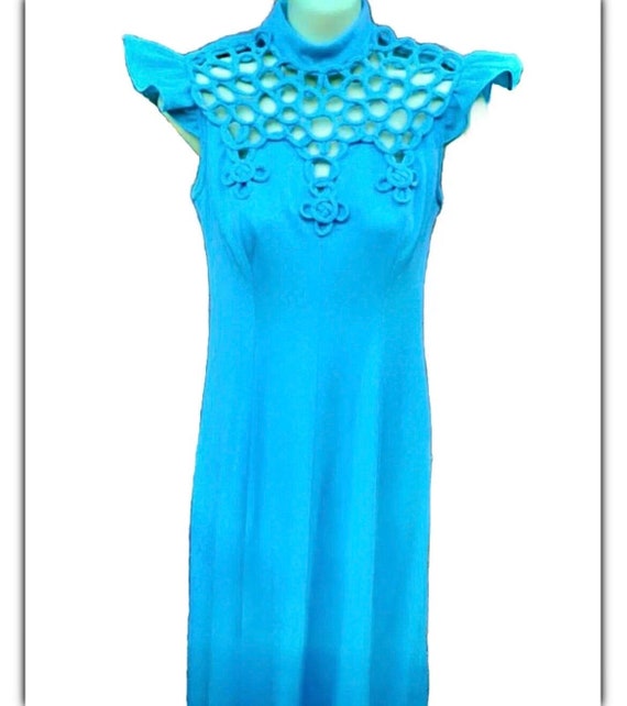 Unique 1970's Turquoise Cutout Flutter Sleeve Dres