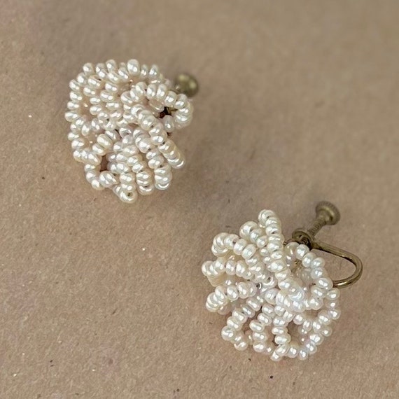 1950s Vintage Pearl Glass Seed Bead Earrings, Bea… - image 3