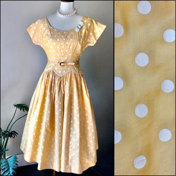 1950s Polka Dot Dress in Yellow and White B Siege… - image 1