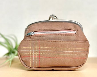 80s Retro Change Purse in Brown with Fun Embroidery and 2 Snap Compartments -4 Pockets in All - Stitch Accents - Light Academia - Fun Accent