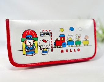 Vintage 1980s Hello Kitty-Inspired Pencil Case with Train and Bunny Dog Mouse Bear Look Alike, Zippered, Red White Blue Yellow Possibly Fake