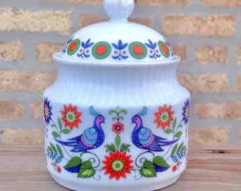 Sugar Bowl Fine China Kaiser Partridge Pattern With Flowers White Orange Blue Orange Green Vibrant unique fold pattern great gift pretty
