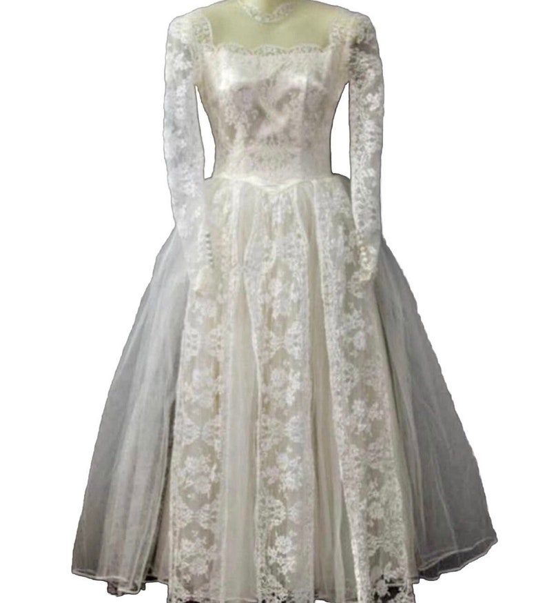 1950s Wedding Gown Bridal Dress, Long Lace Sleeves Princess Basque Waist Layers Of Tulle And Lace Illusion At Neck Covered Buttons Beautiful image 1