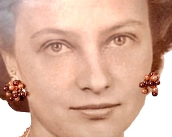 Vintage 1950s Faux Pearl Cluster Earrings: Coffee Caramel Browns