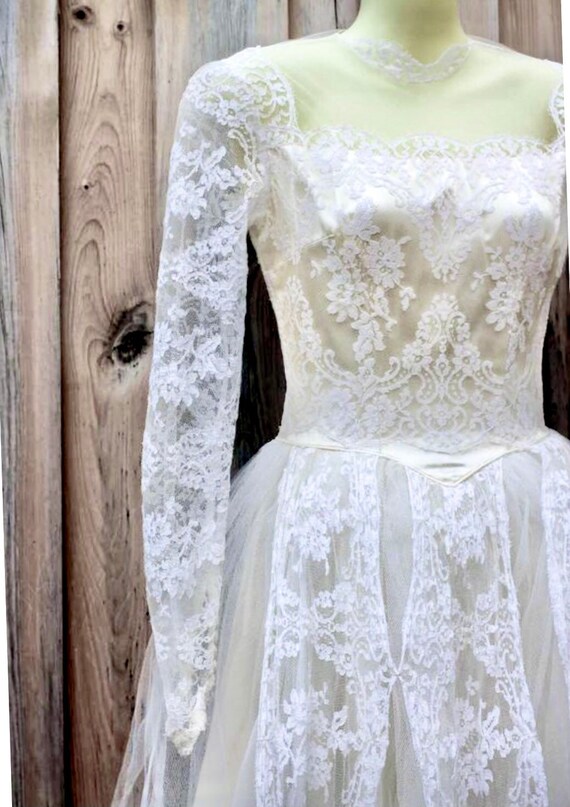 1950s Wedding Gown Bridal Dress, Long Lace Sleeve… - image 3