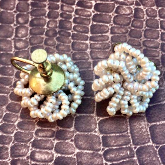 1950s Vintage Pearl Glass Seed Bead Earrings, Bea… - image 8