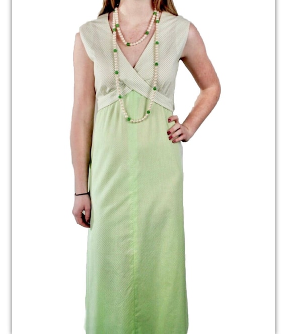 Green Spring Sundress 1970's Soft Green and White… - image 1