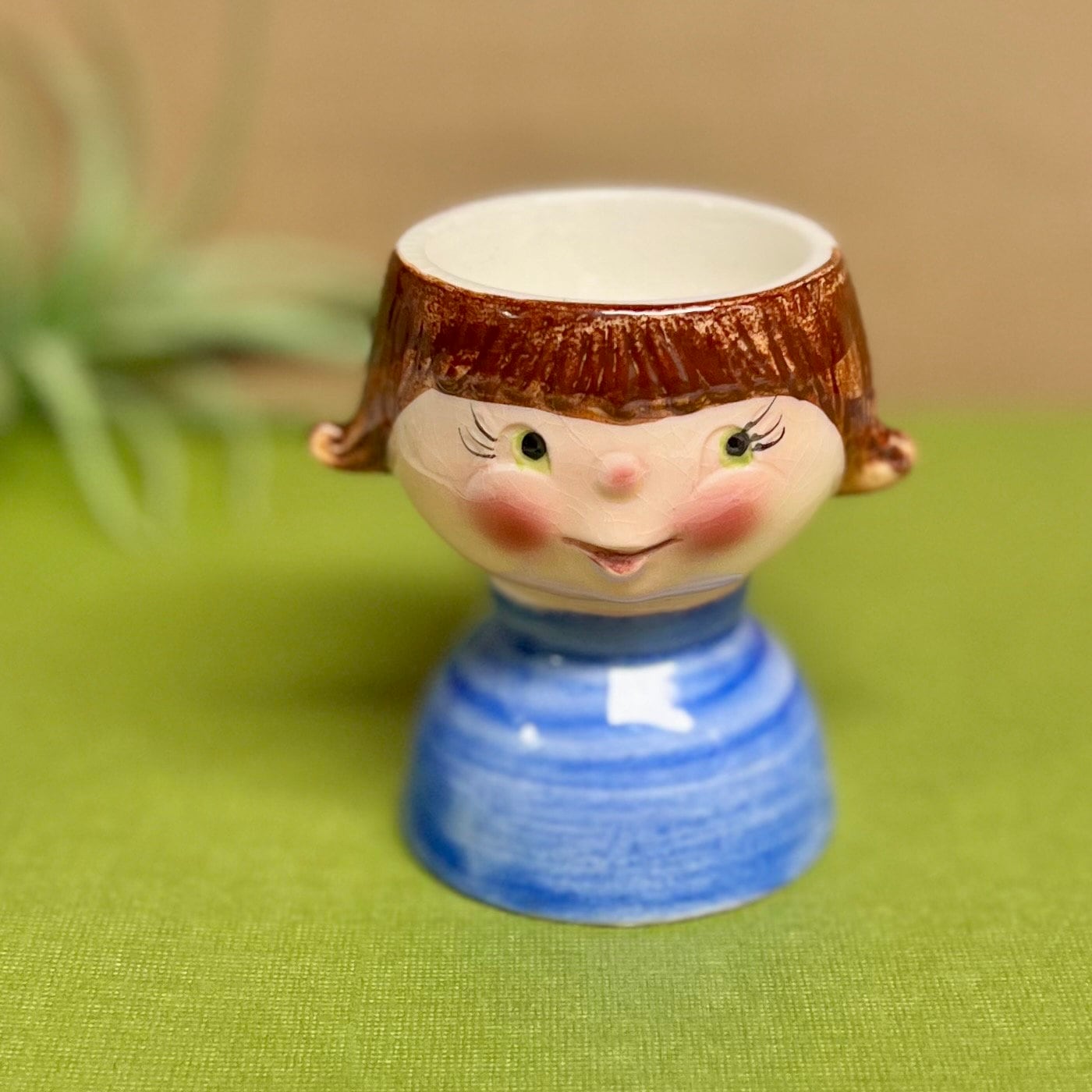 W. Goebel 1968 Hilda Grey Design Egg Cup Little Girl from Katzies, Bee Marking W. Germany Brown Hair Green Eyes Blue Shirt So Cute