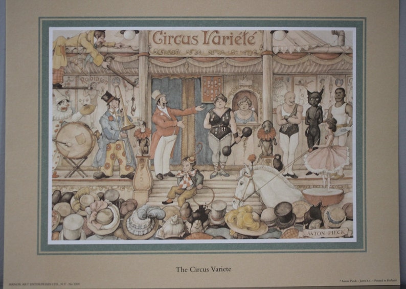 Anton Pieck Print, The Circus Variete, Perfect For Framing, 1960's Manor Art Enterprises Print Has Title Below Image, Monkey Clown Strongman image 3