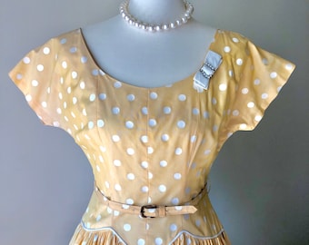 1950s Polka Dot Dress in Yellow and White B Siegel Co Detroit Belted Drop Waist Full Skirt Flattering Fit Wonderful Silouette Classic Design