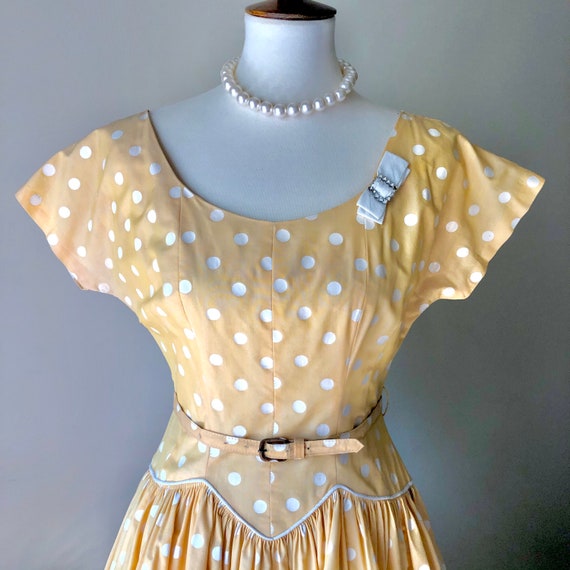 1950s Polka Dot Dress in Yellow and White B Siege… - image 7