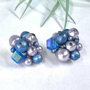 Vintage 1950s Blue and Purple Cluster Earrings in Pearl and Aurora Borealis, Clip-On Beautiful Wedding Accessory for your &quot;Something Blue&quot;