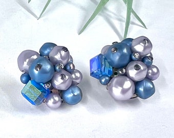 Vintage 1950s Blue and Purple Cluster Earrings in Pearl and Aurora Borealis, Clip-On Beautiful Wedding Accessory for your "Something Blue"