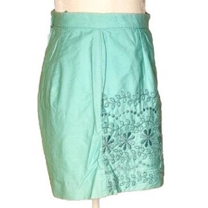 May include: A light blue skirt with embroidered floral details along the bottom hem.