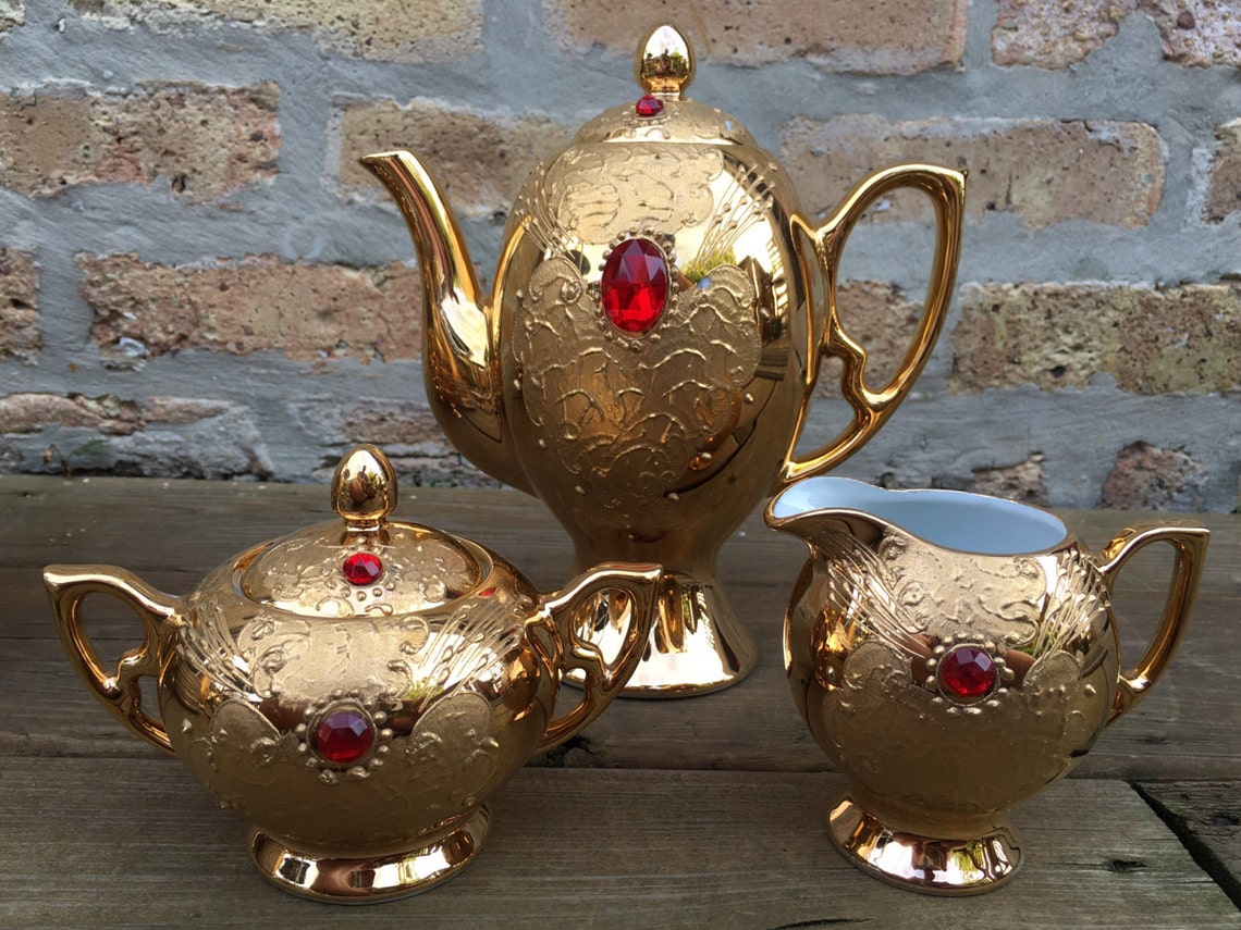 Reserved Flores Bavaria Gold Tea Set with red faux gems Etsy