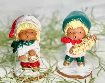 Vintage Blonde Kid Carolers - Festive Red Clay Figurines by Napcoware - Accordion and Triangle Players - Made in Japan - With Stickers Cute