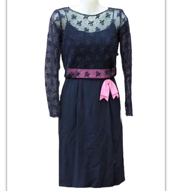 1960s Black Lace Wiggle Dress: Long Sleeves, Pink Bow Accent - Size S