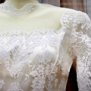 1950s Wedding Gown Bridal Dress, Long Lace Sleeves Princess Basque Waist Layers Of Tulle And Lace Illusion At Neck Covered Buttons Beautiful image 4