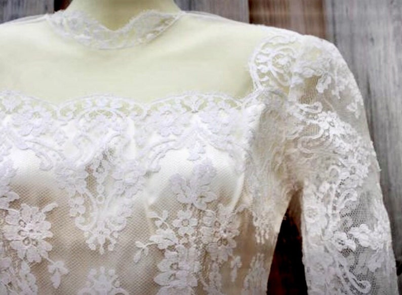 1950s Wedding Gown Bridal Dress, Long Lace Sleeves Princess Basque Waist Layers Of Tulle And Lace Illusion At Neck Covered Buttons Beautiful image 4