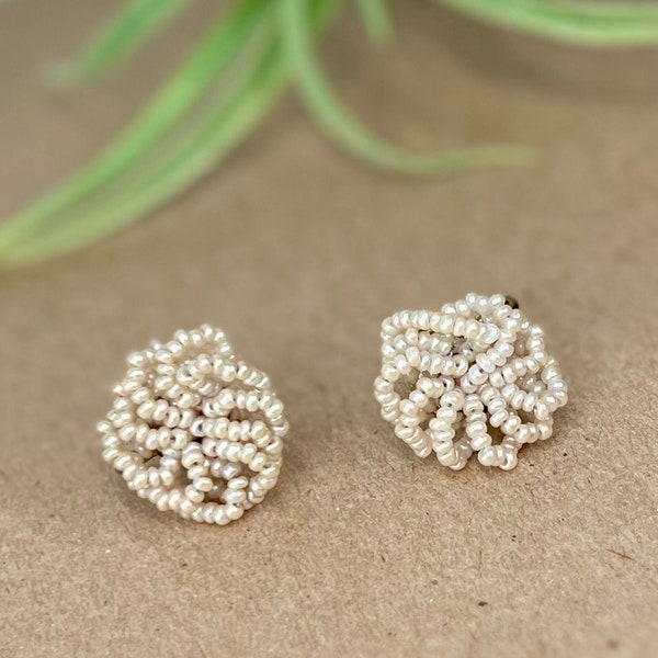 1950s Vintage Pearl Glass Seed Bead Earrings, Beautiful Twisted Knot Screw Back Formal, Bridal or Wear Anytime, Subtle and Neutral, Lovely!