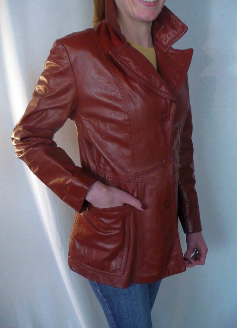 Leather Jacket Cordovan Dark Red 1970 S Coat 3 Ons Large Lapel 2 Pockets Fall Or Winter Blazer Fun Collar Foxy Brown Size Small