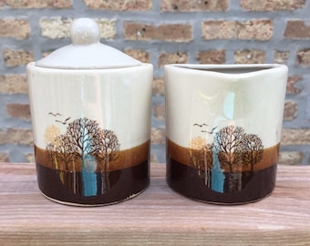 1970s Puzzle Fitted Cream and Sugar Serving Set in Glazed Ceramic, Unique Fall Serving Pieces, Trees with Seagulls, Boho/Farmhouse Style