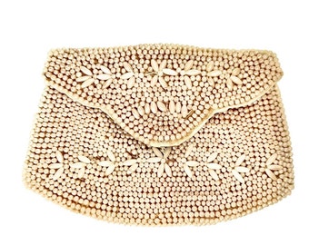 Vintage Beaded Coin Purse with Finger Straps - Made in Japan, Scalloped Flap, Pearl Finish, Try as Belt Loop, Hands Free!