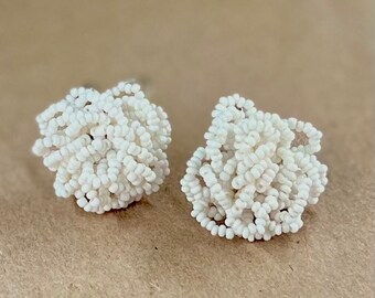 White Glass Seed Bead Earrings Made in Czechoslovakia, Beautiful Wired Knots on Screw Backs Round, Wedding, Special Occasion, Work or Casual