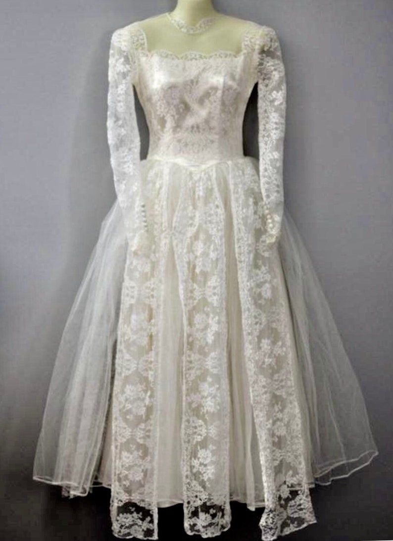 1950s Wedding Gown Bridal Dress, Long Lace Sleeves Princess Basque Waist Layers Of Tulle And Lace Illusion At Neck Covered Buttons Beautiful image 2
